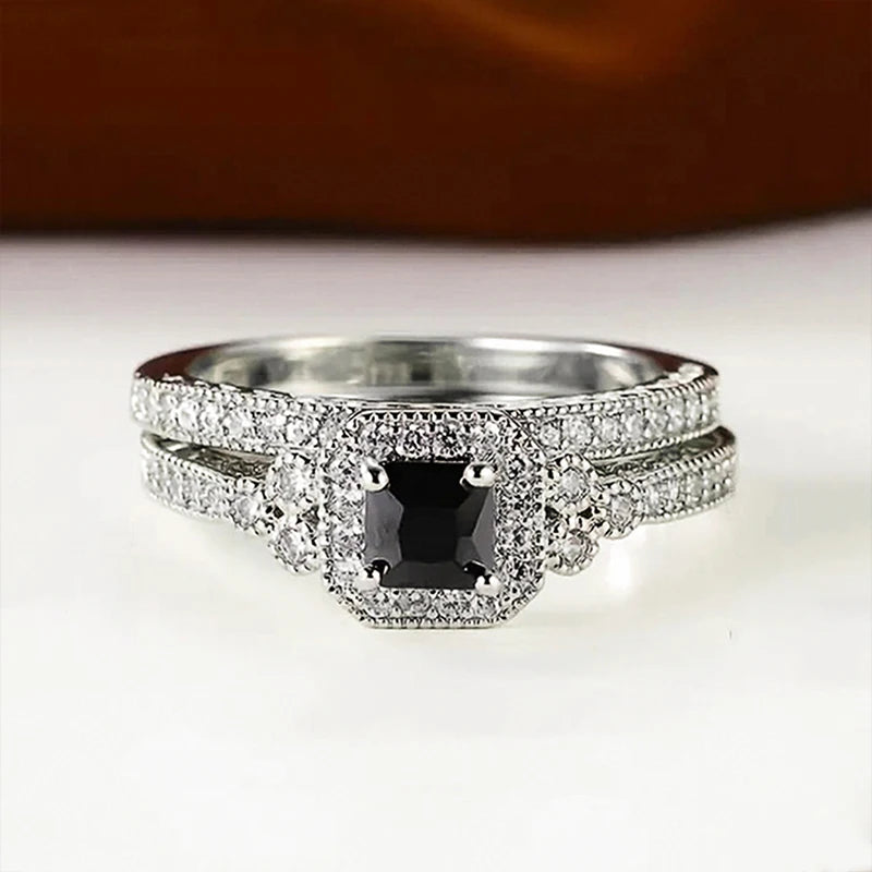 Huitan Vintage Black/White Cubic Zircon 2Pcs Set Rings for Women Anniversary Party Temperament Elegant Lady Accessories Jewelry