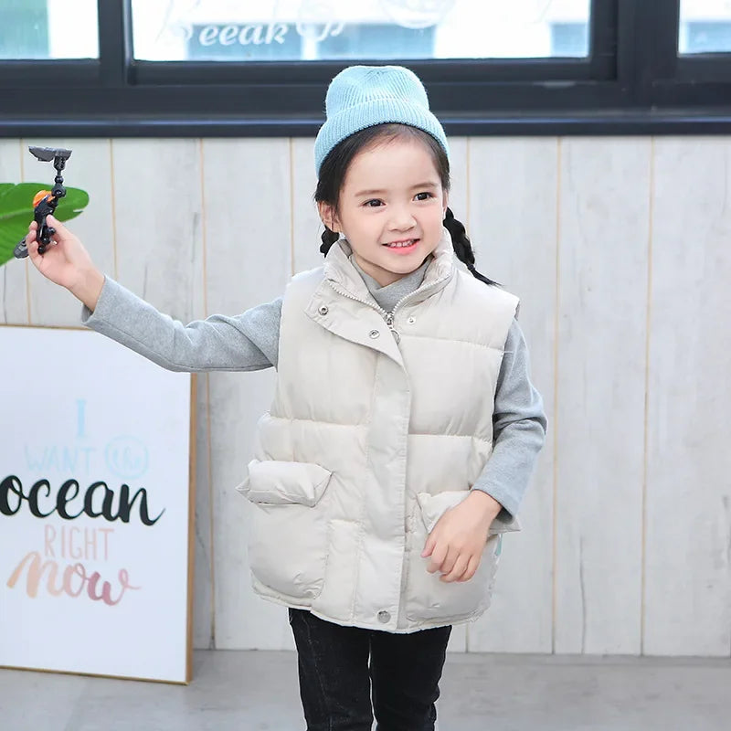 Fashion Baby Boy Girl Winter Toddler Vest Cotton Padded Child Waistcoat Solid Color Zipper Outwear Warm Thick Baby Clothes 1-12Y