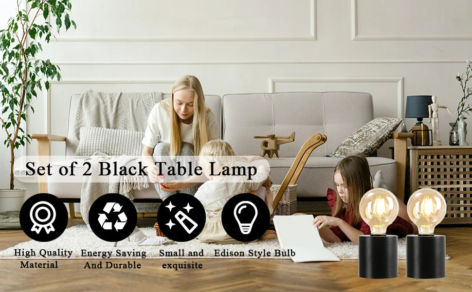 2Pcs Black Battery Powered Table Lamp Wireless Lamps Cordless Light Bedside Lights Candle Holder for Bedroom Wedding Home Decor