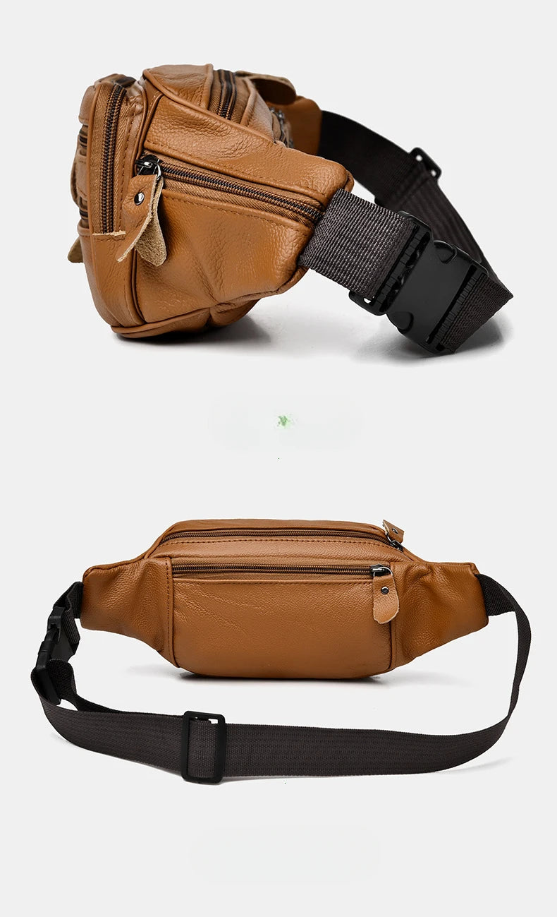 Large Capacity Waterproof PU Leather Men's Waist Bag Male Zipper Site Workers Travel Phone Bag Fanny Pack Men
