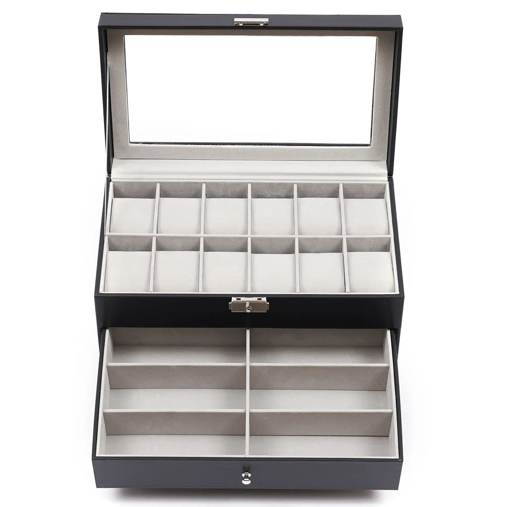 3 Layer Black Leather Watch And Eyeglasses&Sunglasses Box With Jewelry Display Drawer Metal Buckle Case Organizer