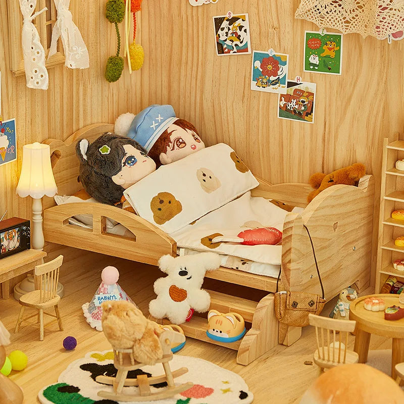 for Labubu Cotton Doll Bed 30cm Princess Style Furniture Set for Imaginary Play Baby Doll Bedding Two-Piece Wooden Baby Bed Toy