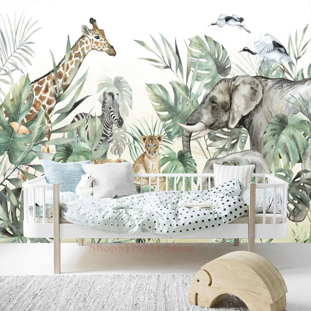 Baby Kids Room Decorative Wallpaper Jungle Animals Printed Wall Wallpapers For Nursery Room Renovation Elephant Giraffe Custom