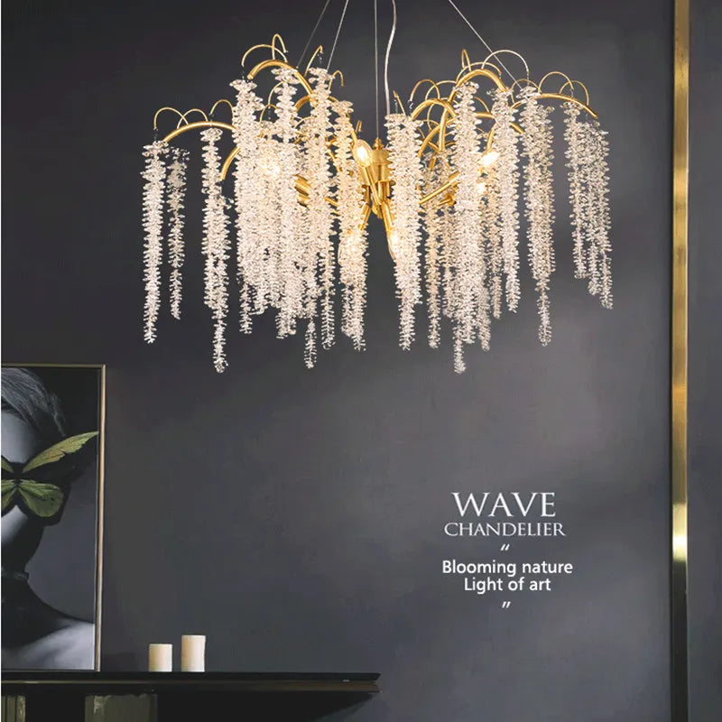 Morden LED Art Strip Crystal Ceiling Chandeliers Branch Pendant Lamp Villa Hall Hanging Light Home Decor Lustre Lighting Fixture