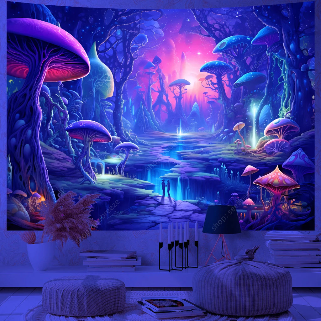 Fantasy Mushroom UV Reactive Tapestry Beautiful Floral Plant Tapestry Wall Hanging Gothic Home Wall Decor Room Decor Aesthetic