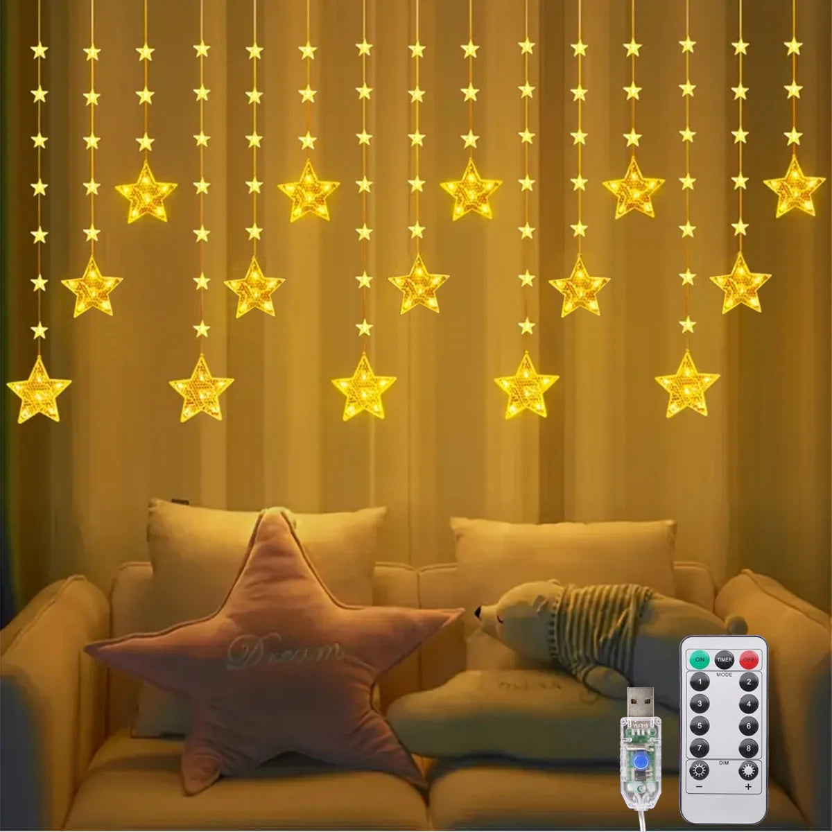 1pc 120 LED Star Curtain Lights Hanging Star Fairy Atmosphere Window Garland Lamp USB Powered With Remote Control For Home Decor