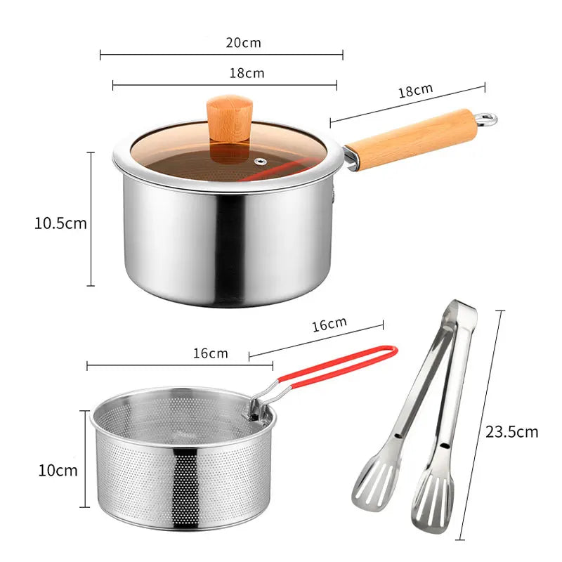 20cm Stainless Steel Deep Fryer Pot with Strainer Basket Wood Handle Mini Saucepan Soup Pot Milk Pan Cooking Pot Induction Safe