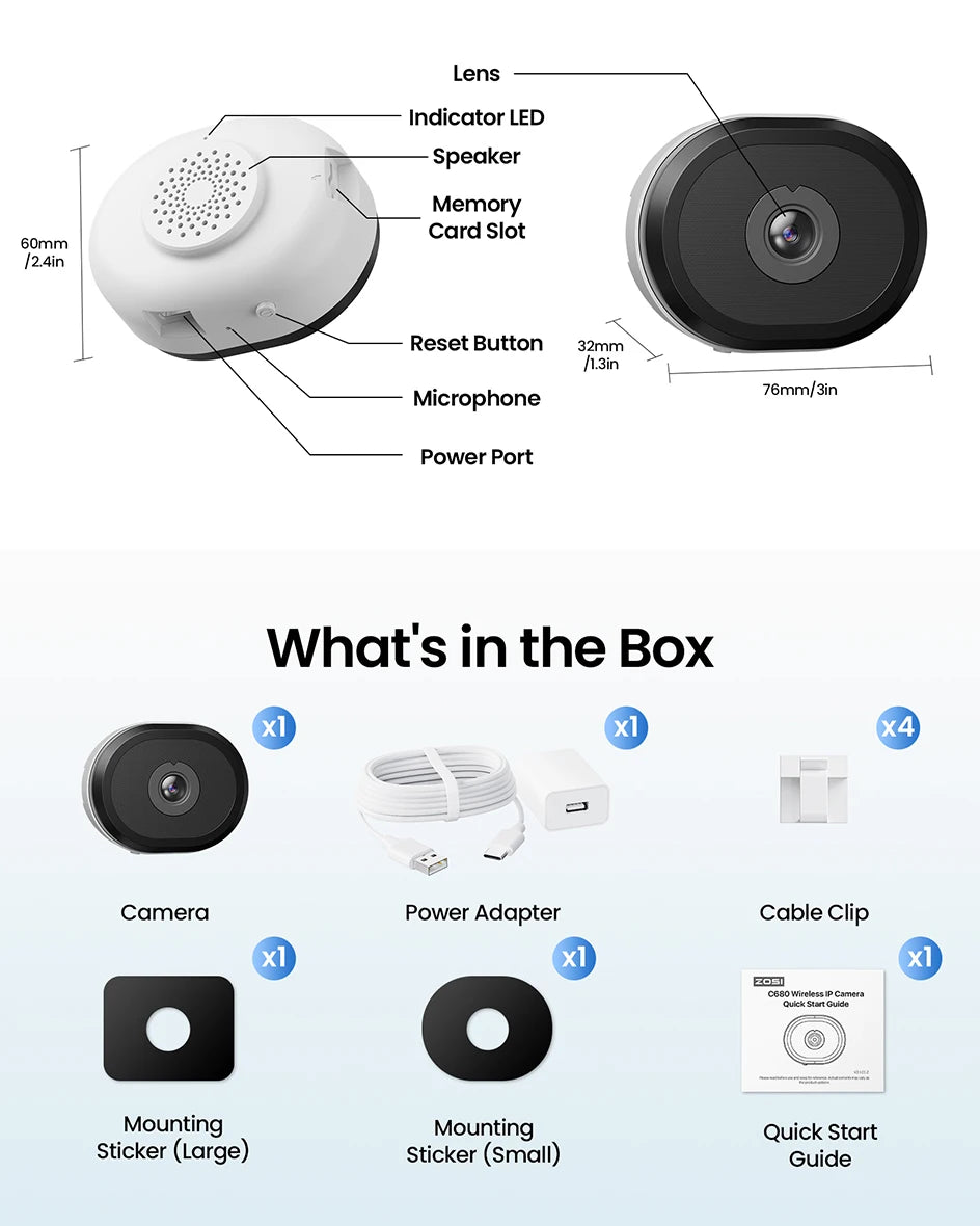 ZOSI C680 3MP Window Security Camera Full Color Night Vision 2K Indoor Plug-in WiFi Surveillance Camera for Home Security