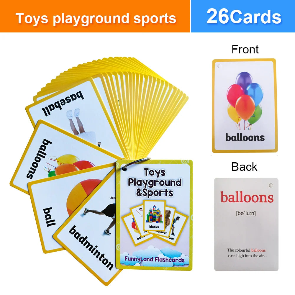 26Pcs Toy Playground & Sports Theme English Flashcards for Kids Children Homeschool Vocabulary Early Educational Cognitive Cards