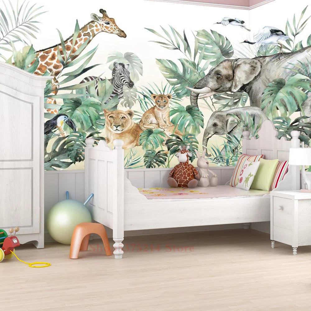 Baby Kids Room Decorative Wallpaper Jungle Animals Printed Wall Wallpapers For Nursery Room Renovation Elephant Giraffe Custom