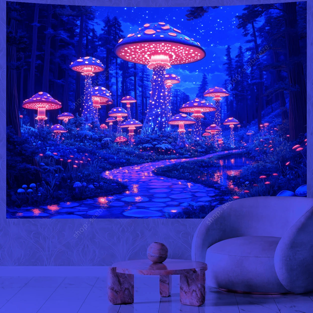 Fantasy Mushroom UV Reactive Tapestry Beautiful Floral Plant Tapestry Wall Hanging Gothic Home Wall Decor Room Decor Aesthetic