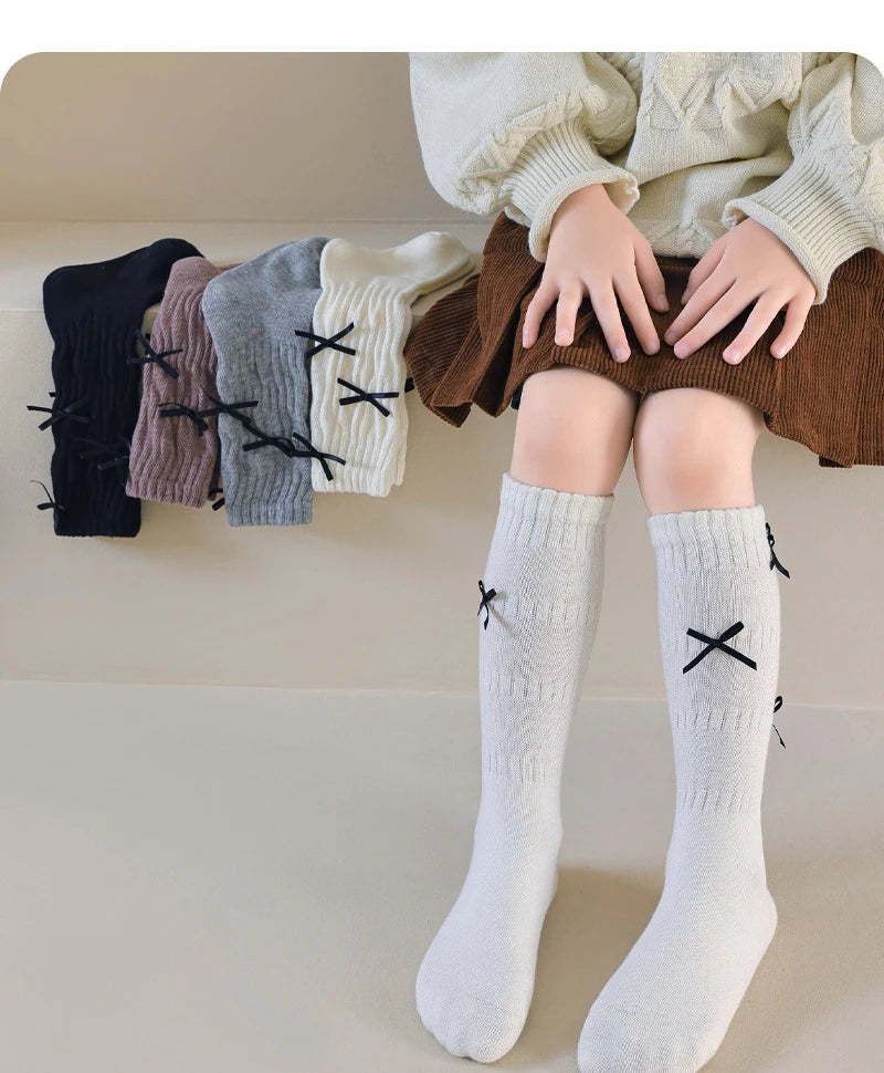 Girls Long Socks Solid Color Sweet Bow Kids Long Sock Girls Student Socks For Girls Warm Girls Stocking For 1-12 Year