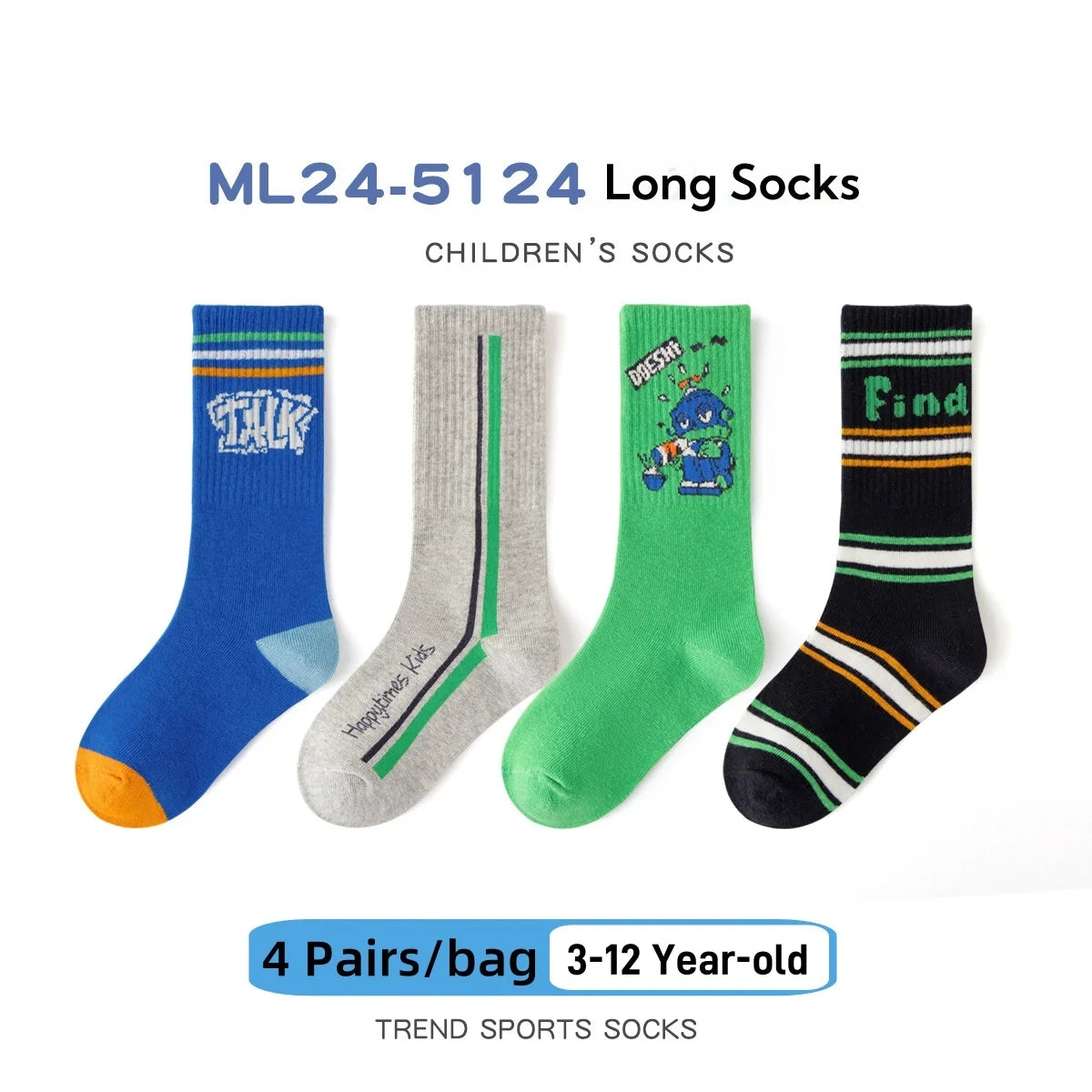 4 Pairs Long Socks Children's Newest Tennis Socks Knee Socks Cotton Striped Sporty Socks Boys Girls Skating Athletic Socks
