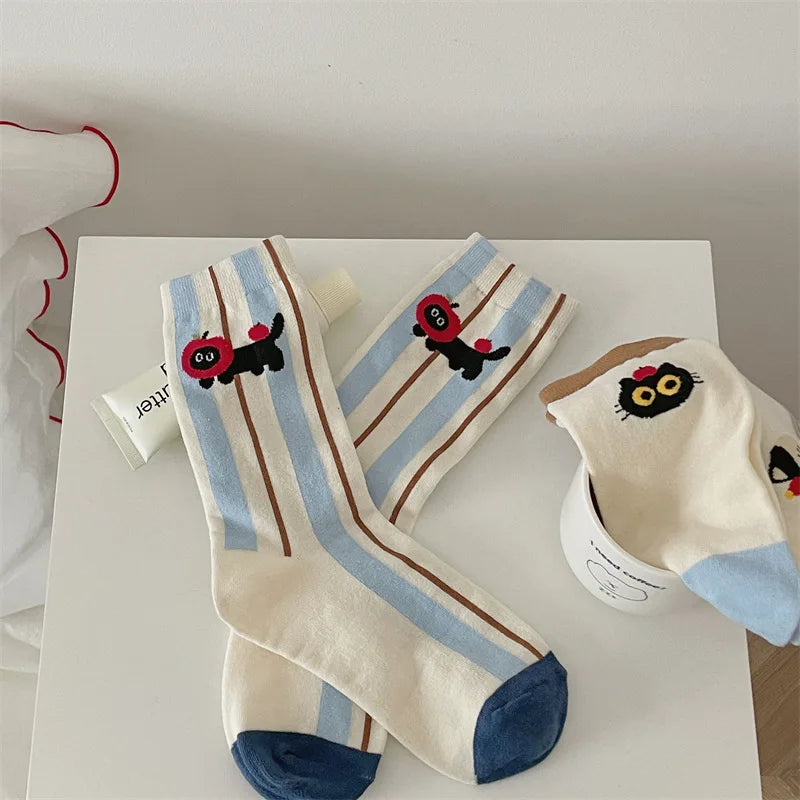 Socks For Women Cute New Novelties Fashion Cotton Breathable Funny Socks Female Casual Long Preppy Style Cartoon Socks Striped