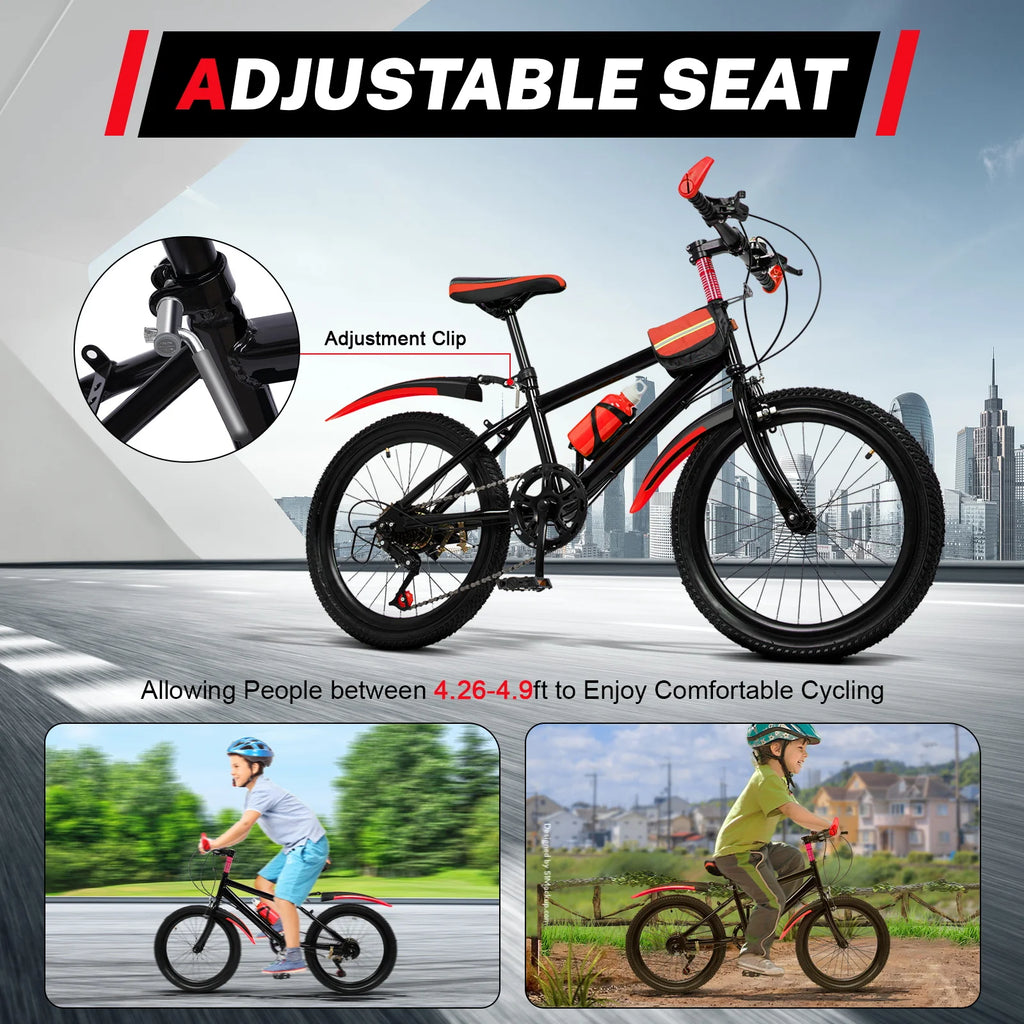 20" Mountain Bike 7 Speeds Kids Bicycle Dual-Disc Brakes Unisex Children's Bicycle Height Adjustable MTB Boys Girls Riding Bike