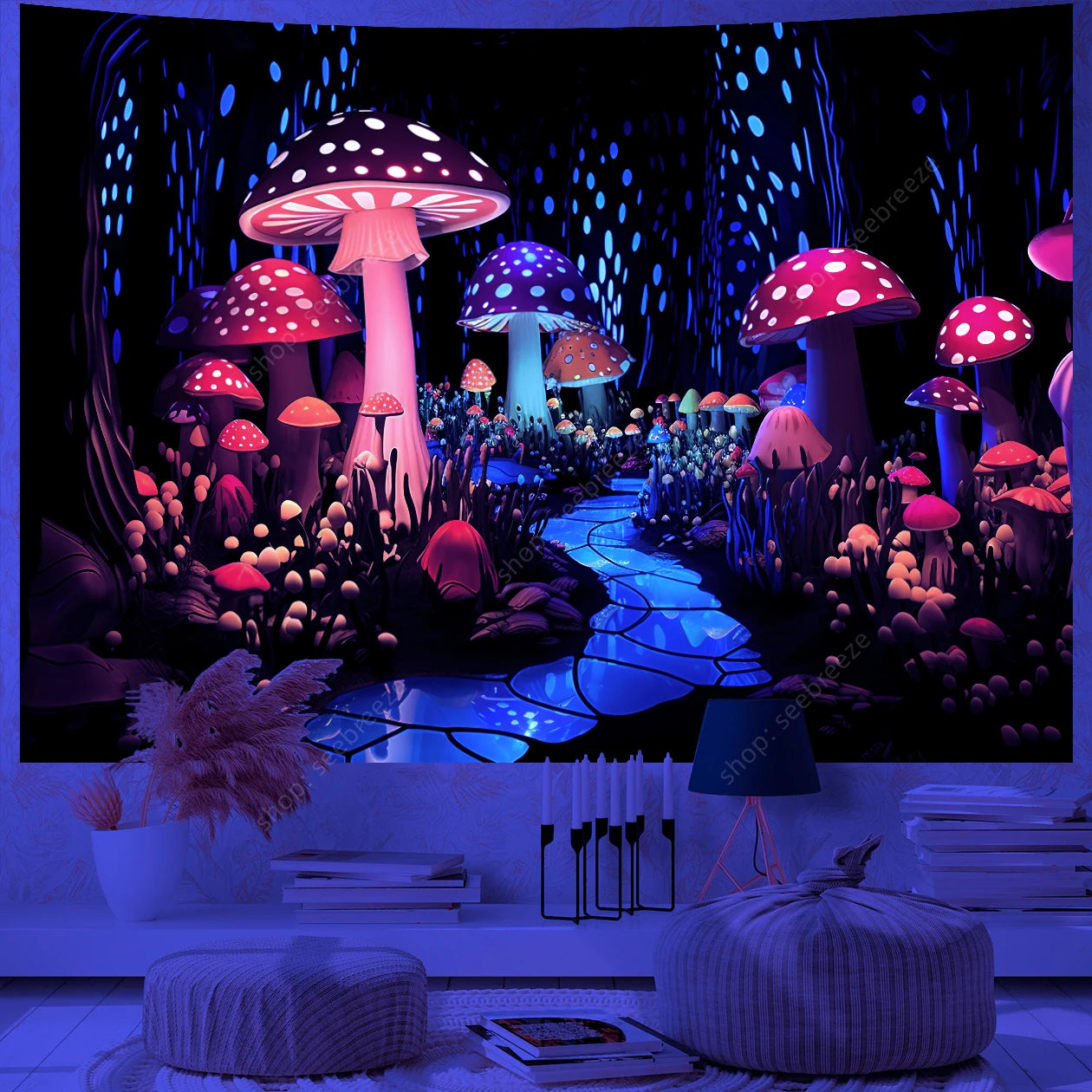 Fantasy Mushroom UV Reactive Tapestry Beautiful Floral Plant Tapestry Wall Hanging Gothic Home Wall Decor Room Decor Aesthetic