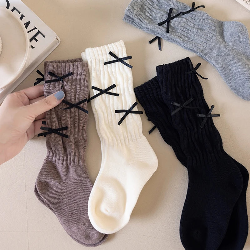 Girls Long Socks Solid Color Sweet Bow Kids Long Sock Girls Student Socks For Girls Warm Girls Stocking For 1-12 Year