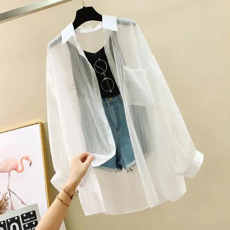 Sunscreen clothing for women, thin cut perspective chiffon shirt, Korean Harajuku loose top, casual women's cardigan top