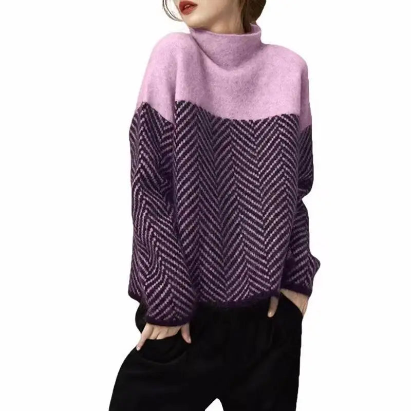 Women's Clothing Contrast Color High-neck Knitted Pullover Sweater for Women Autumn Winter Casual Temperament Loose Slimming Top