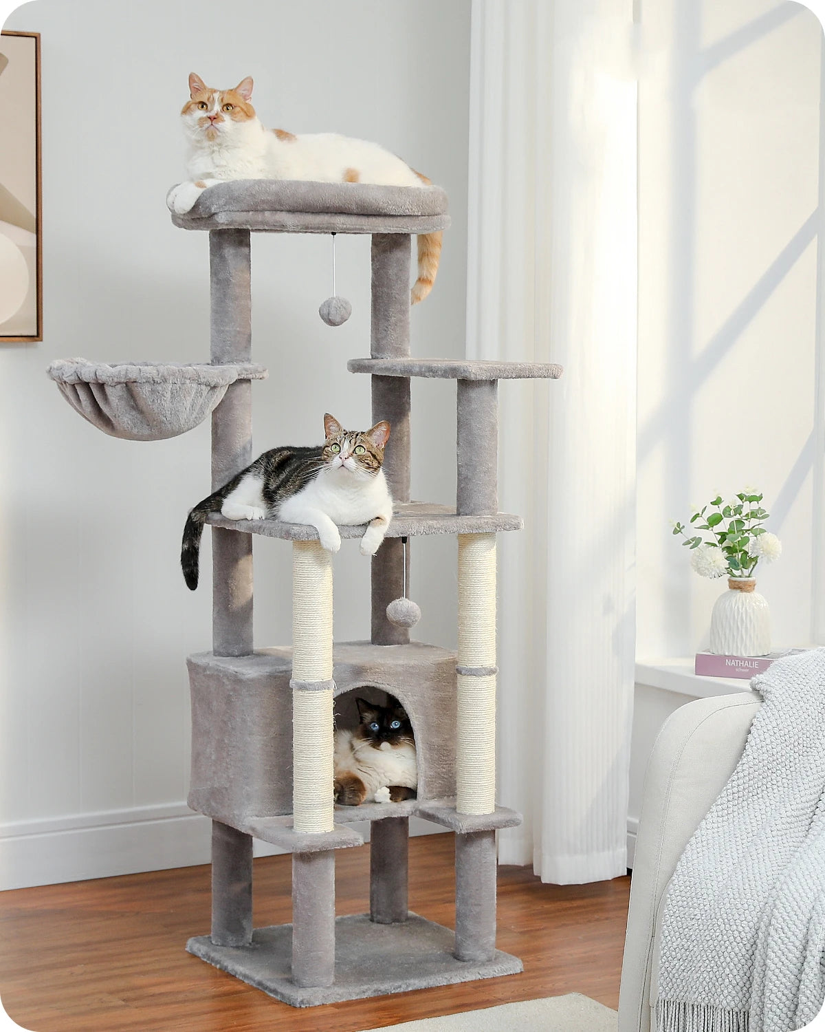 Cat Tree With Top Perch, Cat Tower With Plush Hammock, Cat Shelves And Dangling Pompom, Cat Scratching Posts And 2 Condos Houses