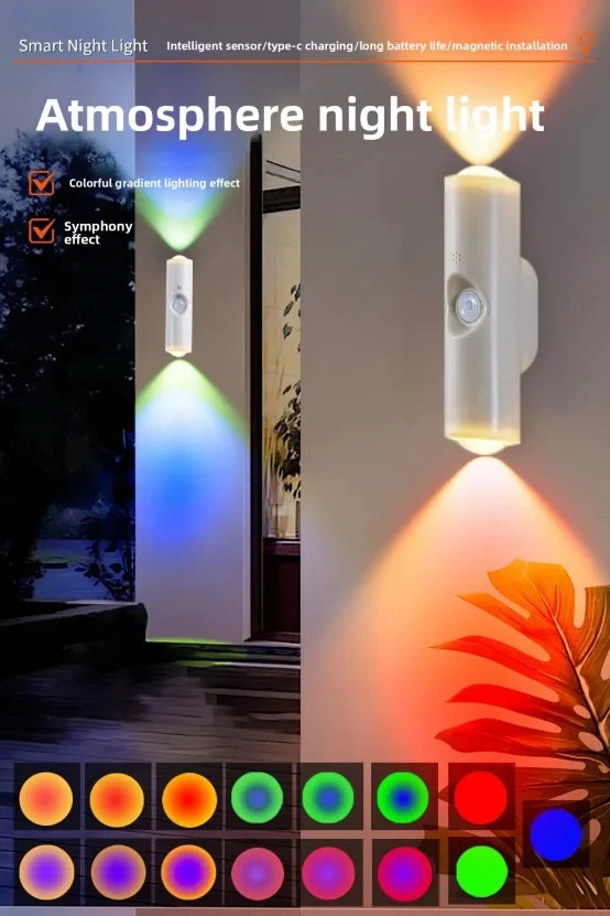 Smart RGB Gradient Night Light Wall Lamp for Bedroom Bathroom Magnetic Motion Sensor Rechargeable Closet Garden Home Decor