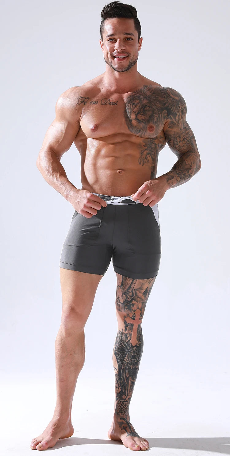 Men Stretch Swim Trunks Quick Dry Swimwear Swimsuits Beach Shorts with Pockets Surf Bathing Suit Water Sports Pants