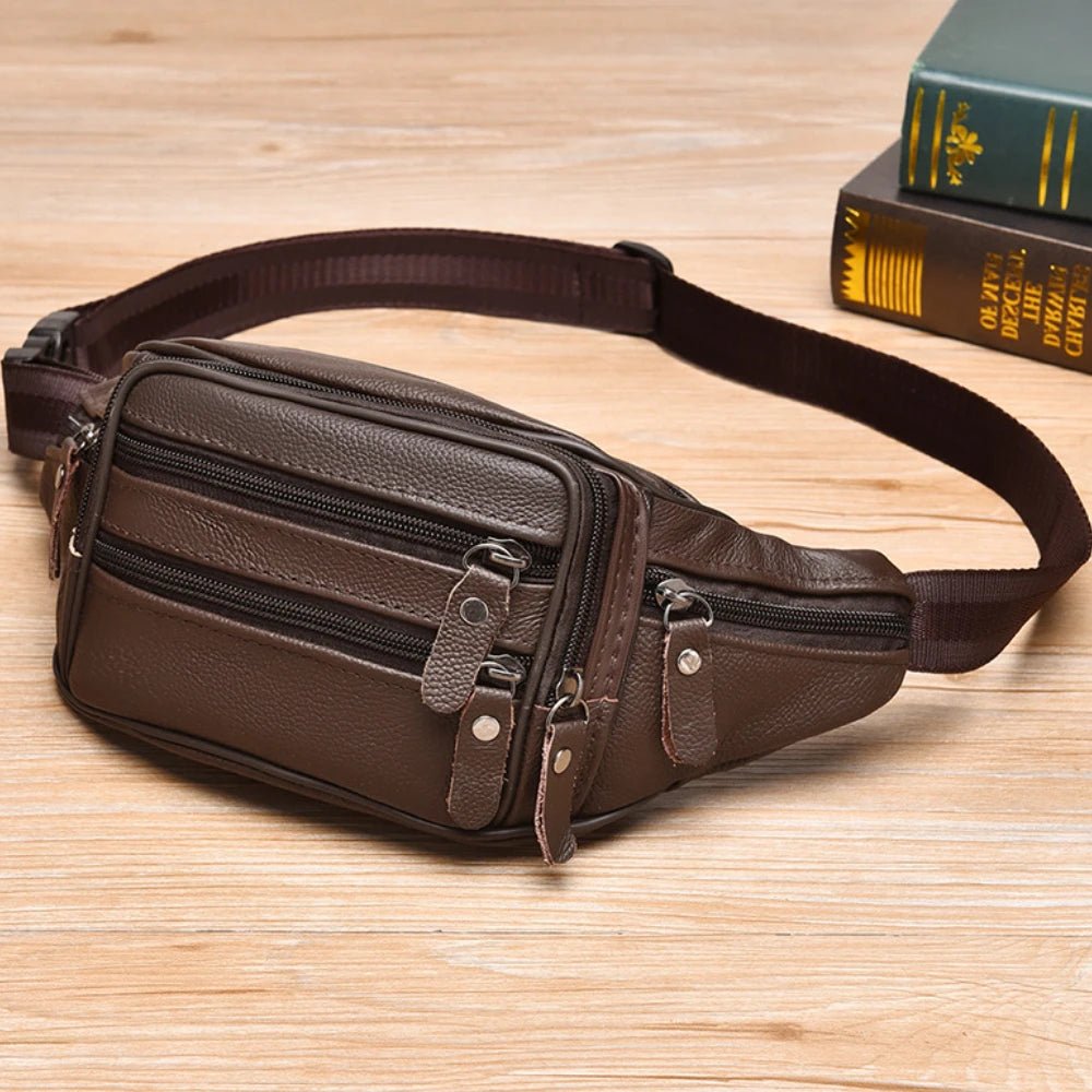 Large Capacity Waterproof PU Leather Men's Waist Bag Male Zipper Site Workers Travel Phone Bag Fanny Pack Men