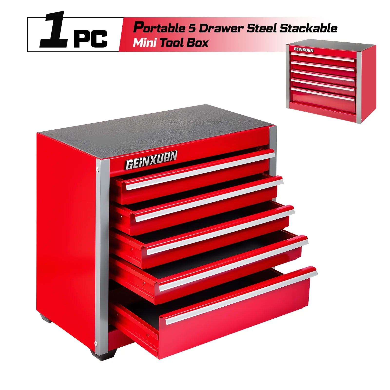 Geinxurn Mini Tool Box, Red Portable 3 or 5 Drawer Micro Roll Cab Steel Stackable Tool Cases with Magnetic Tab Locking