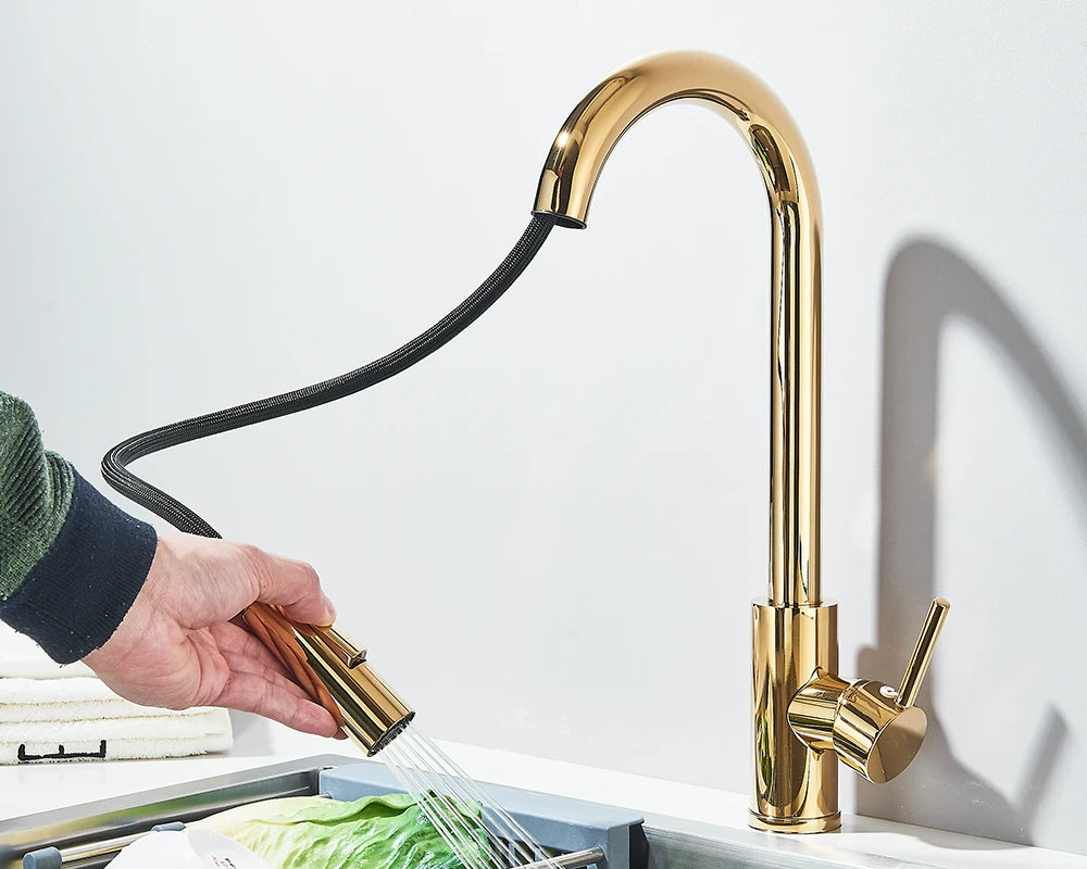 Pull Down Kitchen Sink Faucet Pull Out Two Function Single Handle Hot and Cold Water Mixer Taps Deck Mounted