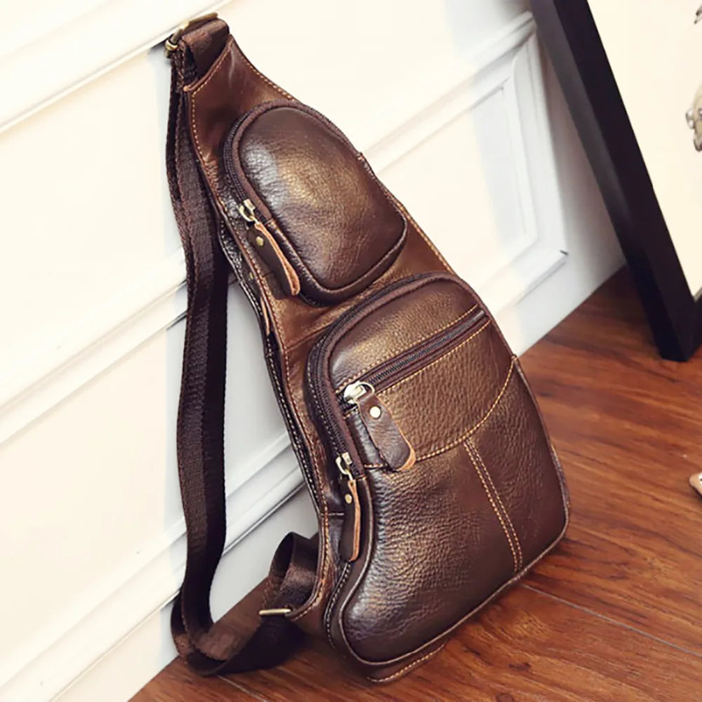 High Quality Men Genuine Leather Sling Cross Body Backpack Rucksack Multi-Pockets Casual Male Real Cowhide Shoulder Chest Bag