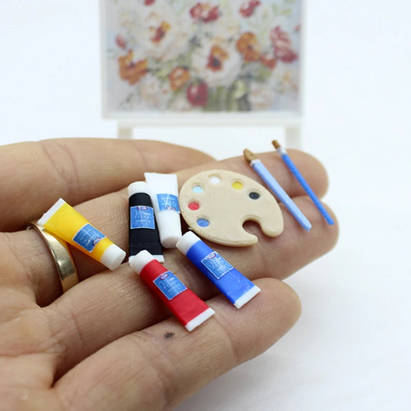 1/12 Mini Dollhouse Art Supplies; Pigment Tube, Brush, Palette Model; Ideal Dolls House Draw Room Decoration Accessories