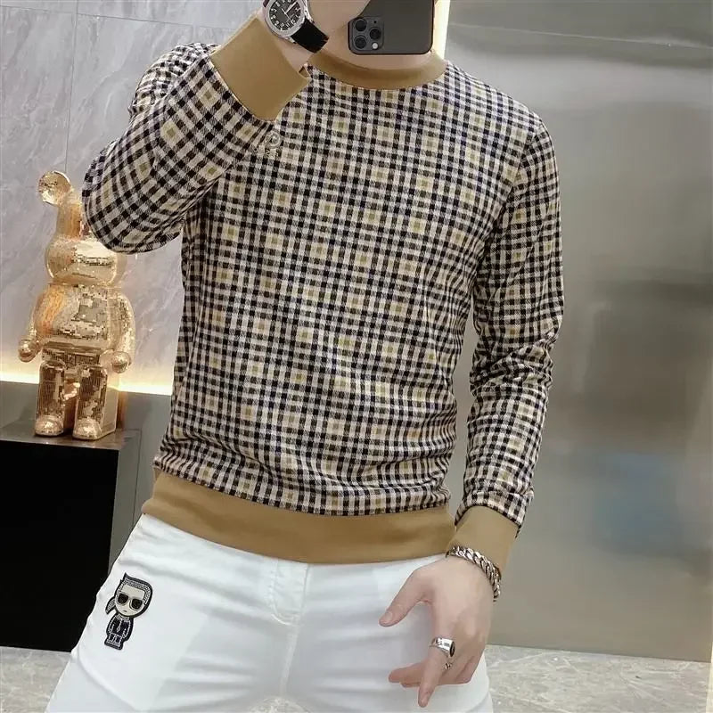 Men's Clothing New Rock Tight Top Slim Fit T Shirt for Man Sweatshirts Plaid Pullover High Quality Polyester Sale A Streetwear F