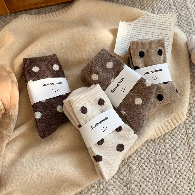 Socks for Women Autumn Winter Thick Warm with Polka Dot Black Maillard Velvet Coffee Mid-tube Socks