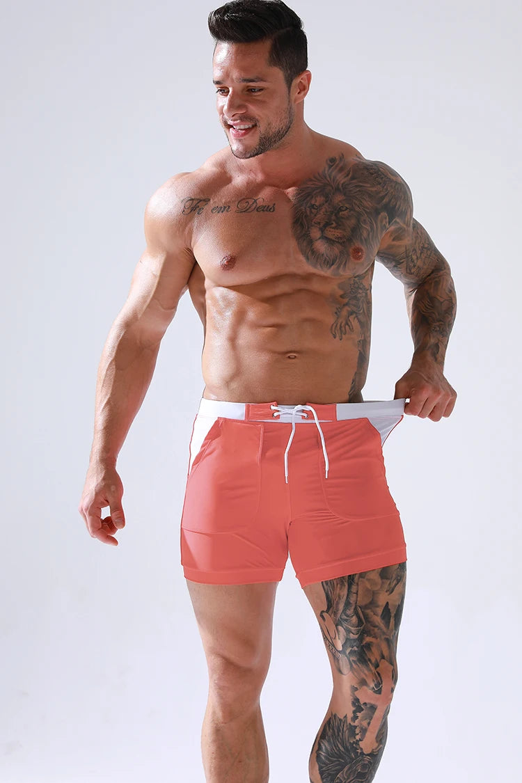Men Stretch Swim Trunks Quick Dry Swimwear Swimsuits Beach Shorts with Pockets Surf Bathing Suit Water Sports Pants
