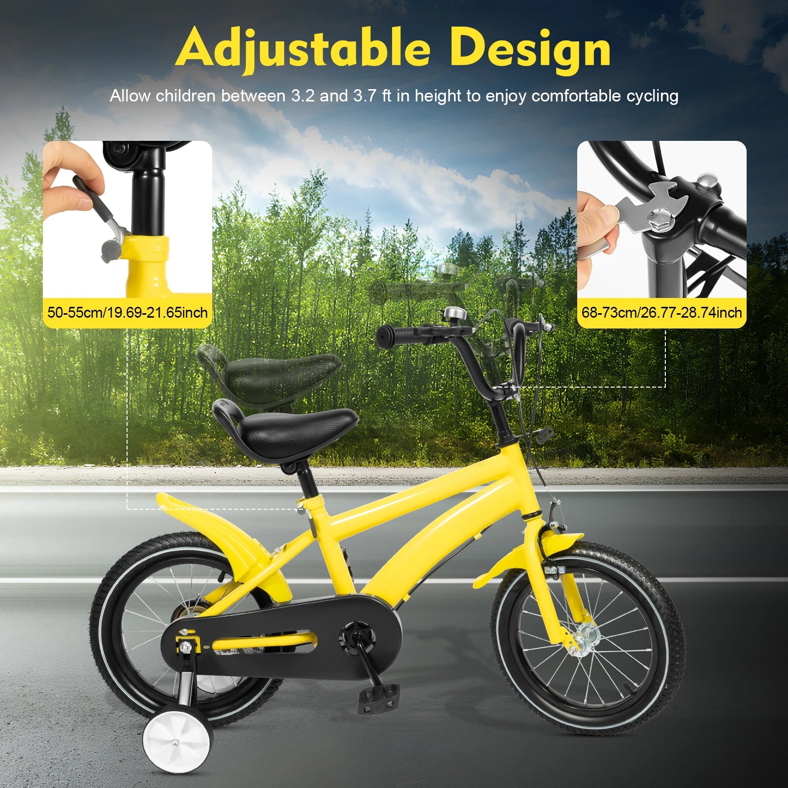 14inch Children's Bicycle with Training Wheel for 2-5 Year-Old Boys and Girls, Height Adjustable Kids Bike White/Yellow/Red/Blue