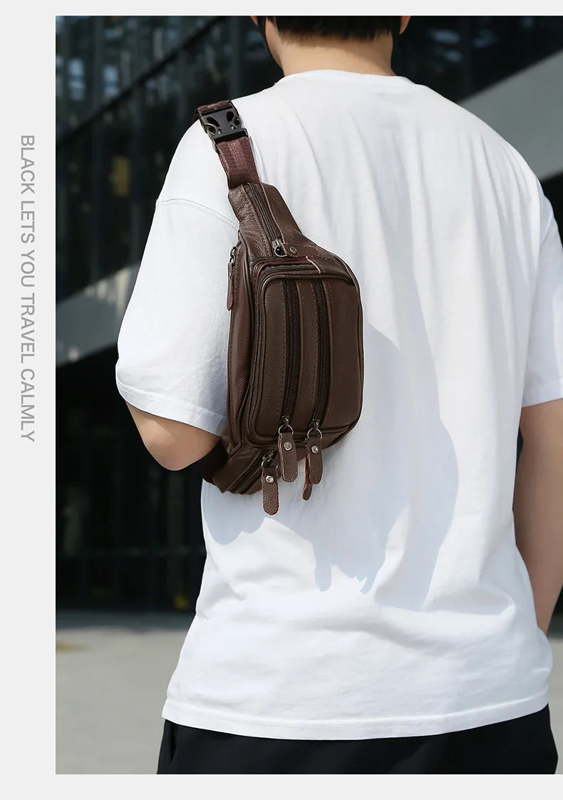 Large Capacity Waterproof PU Leather Men's Waist Bag Male Zipper Site Workers Travel Phone Bag Fanny Pack Men