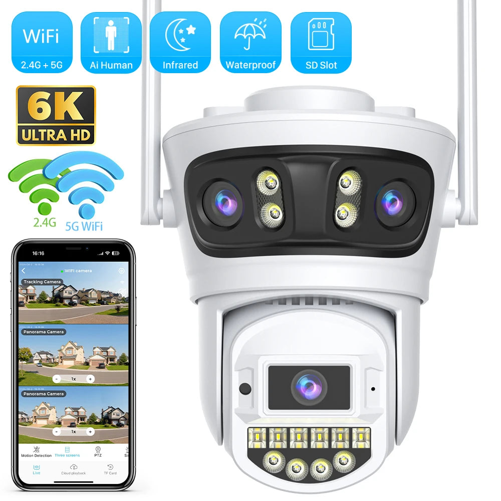 15MP HD Three Lens PTZ IP Camera Outdoor Three Screen WiFi Security Camera Auto Tracking 4K Dual Lens Wirelss CCTV Camera O-KAM