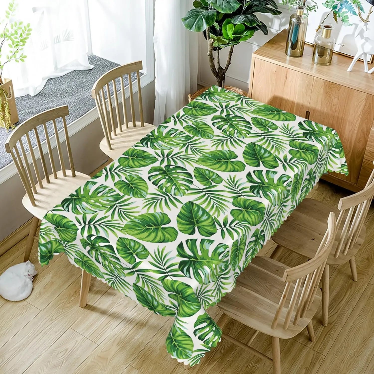 Green Palm Leaves Tropical Flowers Tablecloth Picnic Party Decor Summer Hawaiian Plants Rectangle Table Cloth Dining Table Decor