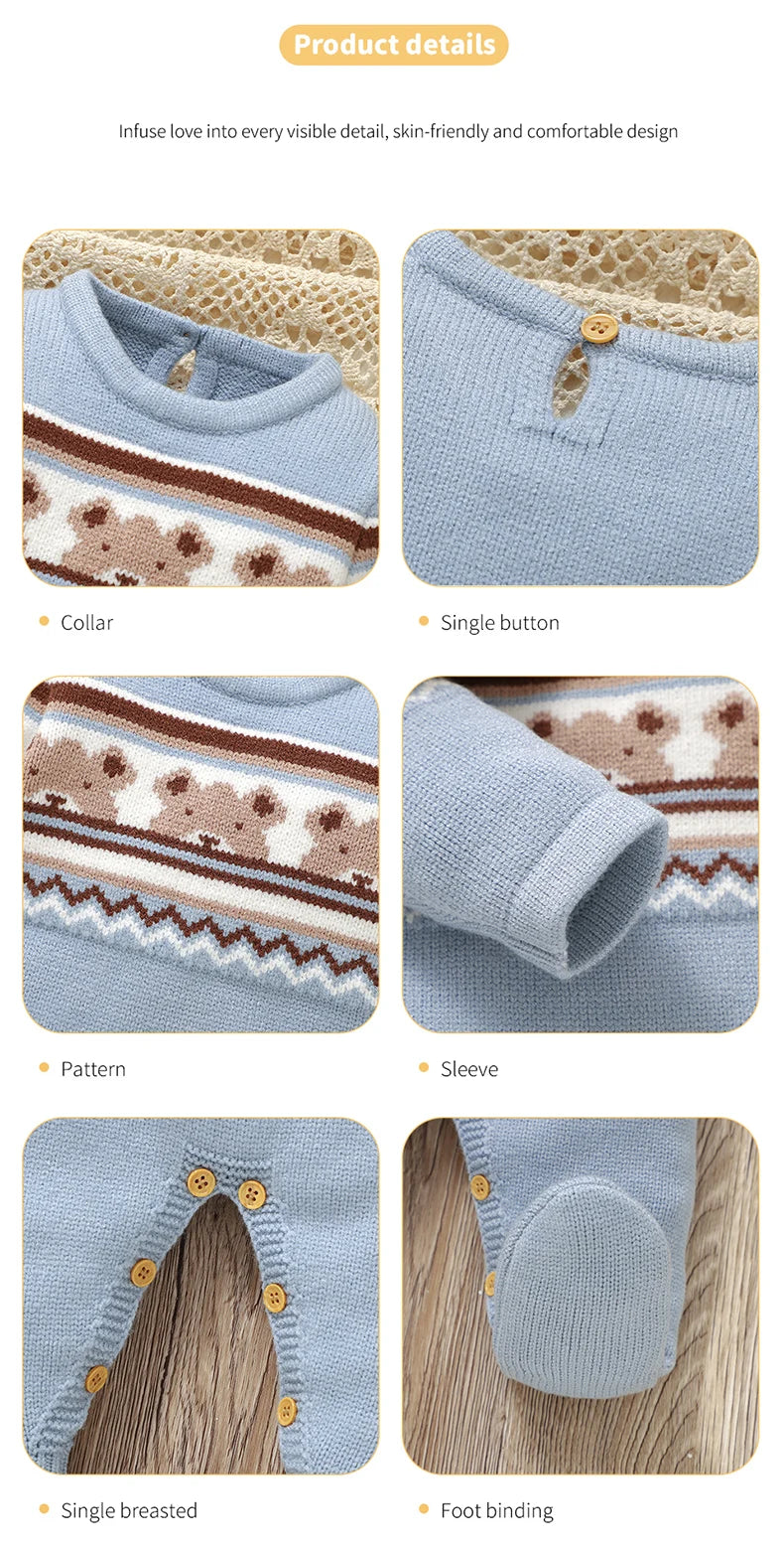 Baby Romper Knitted Toddler Kid Clothes 0-9M Infant Overalls Cute Bears Newborn Boys Girls Jumpsuit Long Sleeve Foot Wrap Autumn