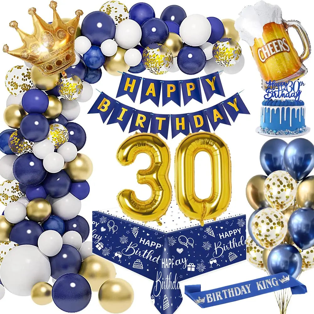 Men 30th 40th Birthday Decorations Night Blue Gold Birthday Balloon Garland Kit with Birthday Shoulder Strap and Tablecloth