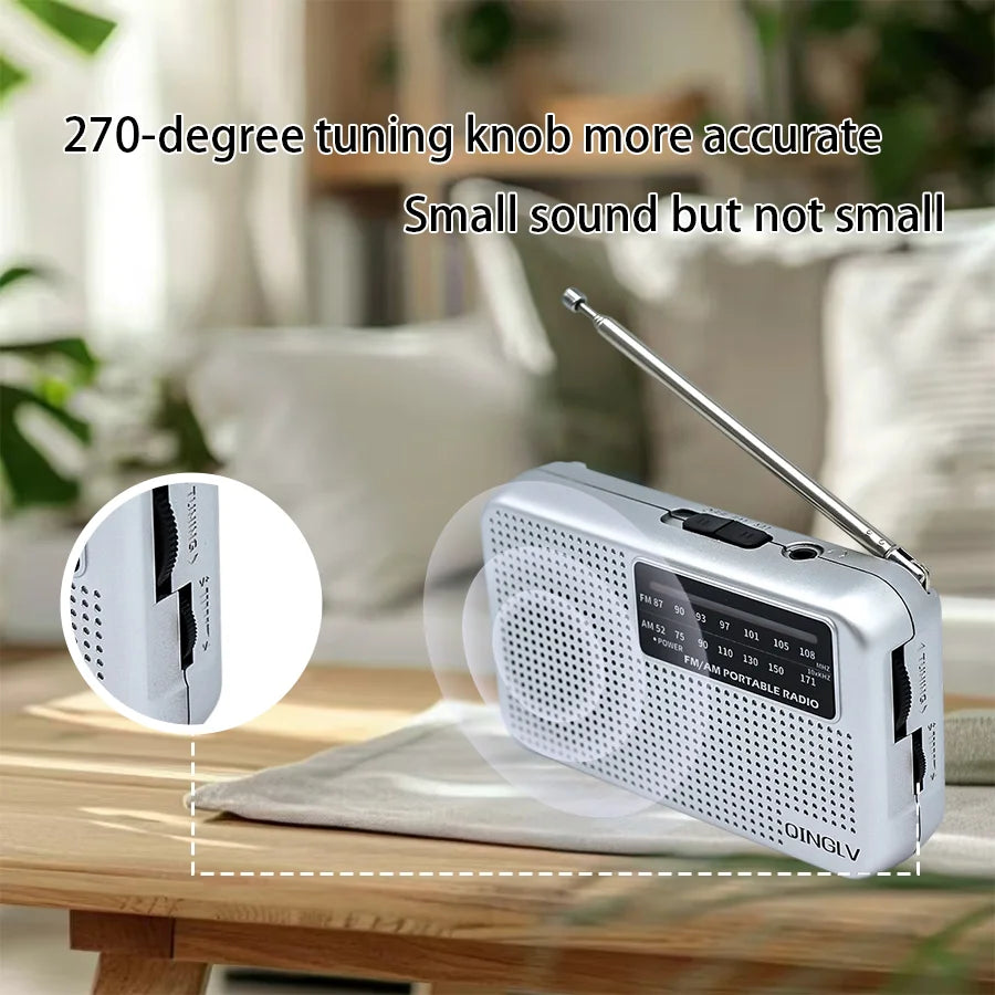 AM/FM portable radio with high sensitivity and high sound quality, uses durable No. 7 batteries, built-in high quality