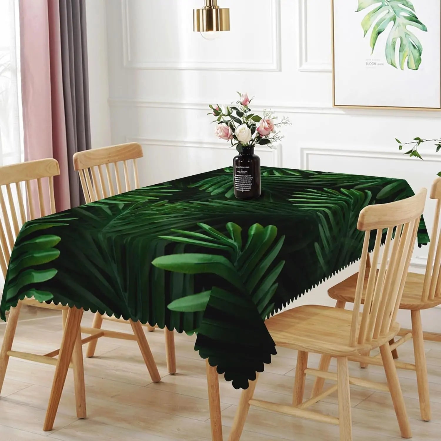 Green Palm Leaves Tropical Flowers Tablecloth Picnic Party Decor Summer Hawaiian Plants Rectangle Table Cloth Dining Table Decor