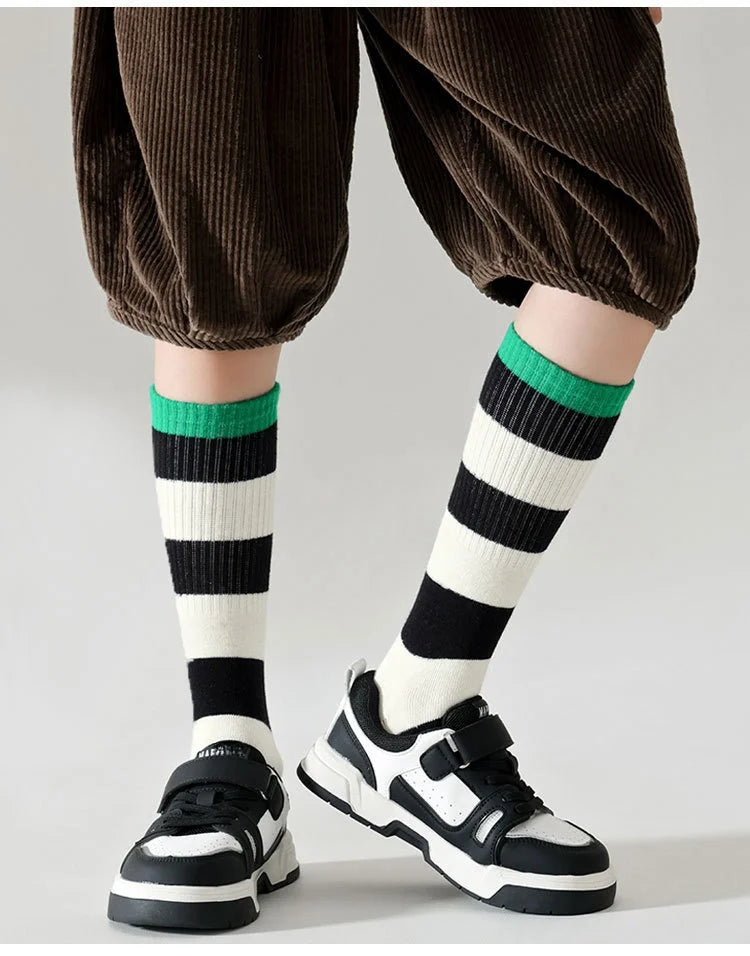 4 Pairs Long Socks Children's Newest Tennis Socks Knee Socks Cotton Striped Sporty Socks Boys Girls Skating Athletic Socks