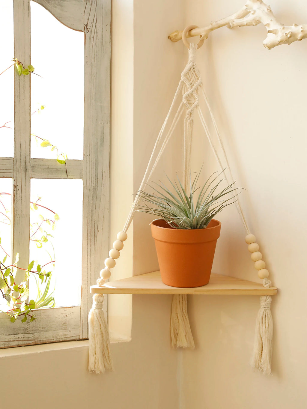 Macrame Hanging Shelf Boho Wall Hanging Handmade Rope Rustic Wood Floating Shelves Hanging Corner Wall Shelf Bedroom Decor Gifts