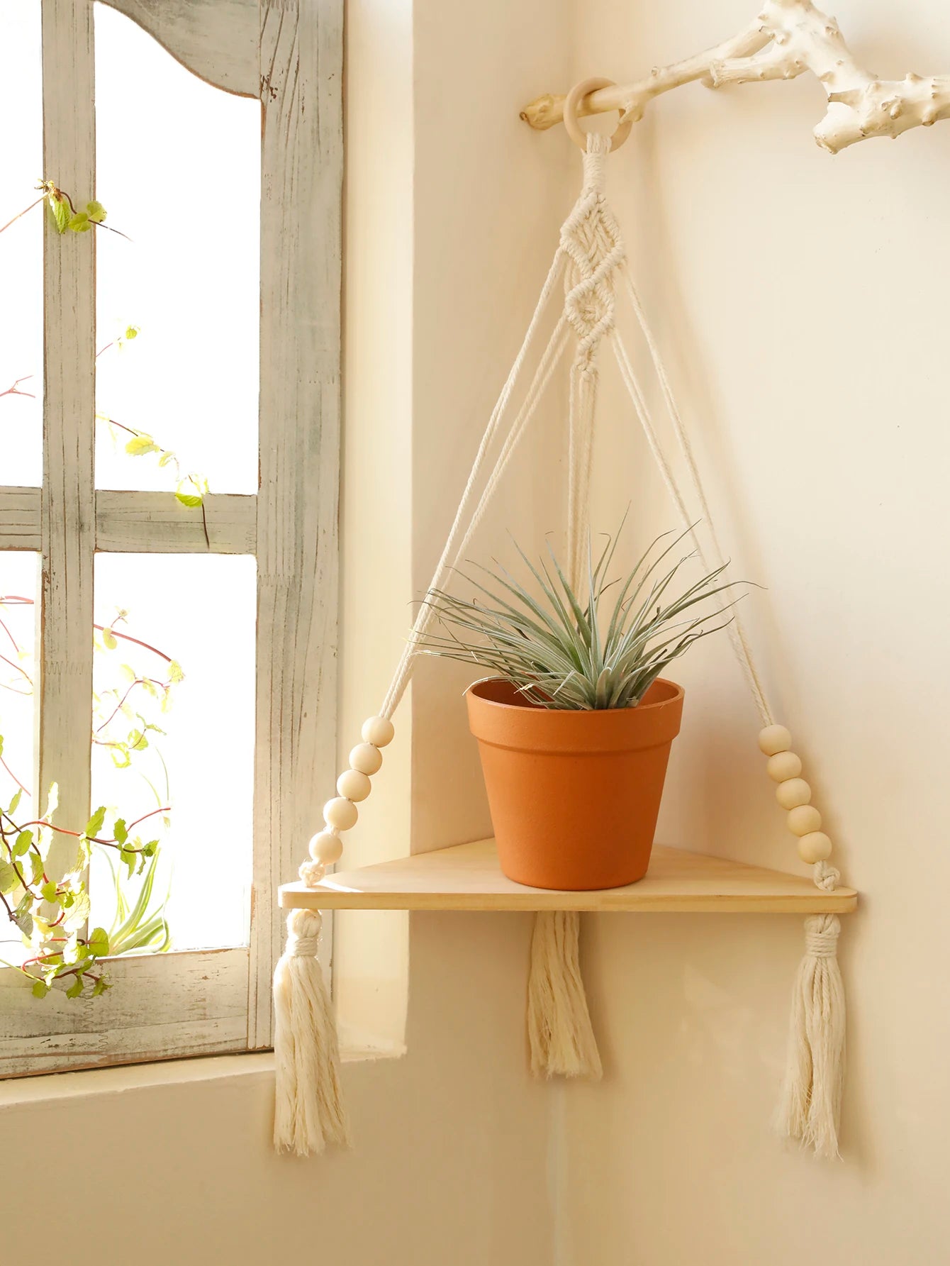 Macrame Hanging Shelf Boho Wall Hanging Handmade Rope Rustic Wood Floating Shelves Hanging Corner Wall Shelf Bedroom Decor Gifts