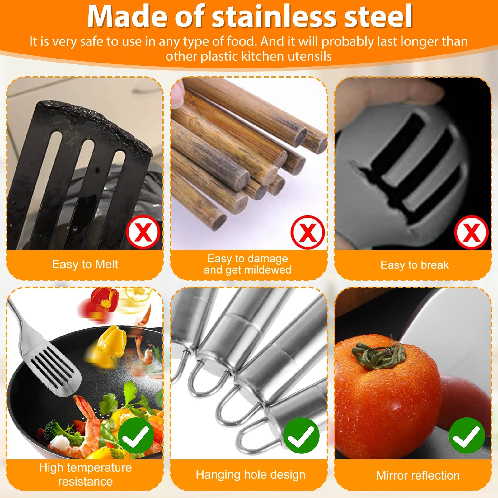 5Pcs Kitchen Cooking Utensils Set Durable Stainless Steel Cooking Tools Washable Spoons Spatula Utensils Kitchen Gadgets Tools