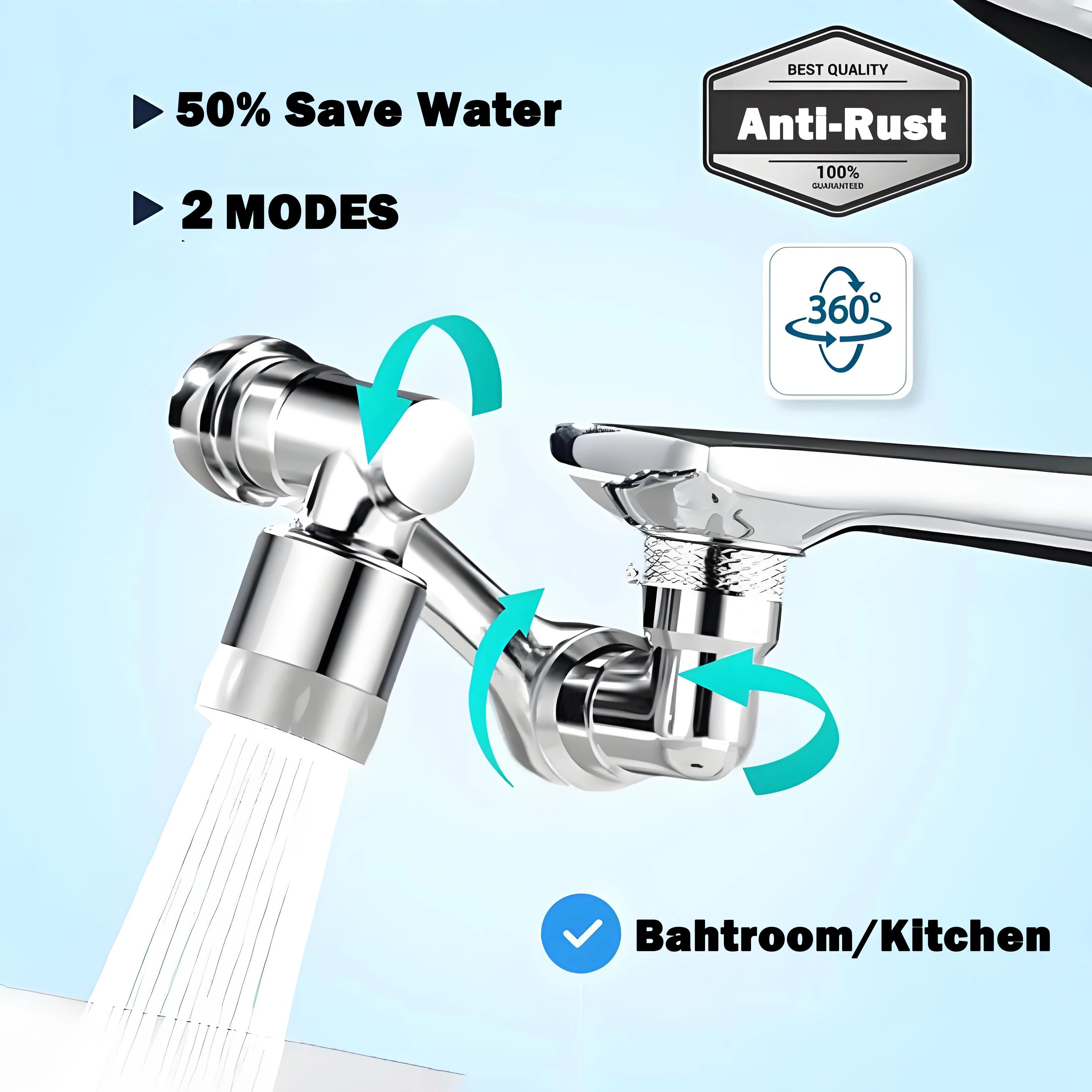 Universal 1080° Swivel Kitchen Faucet Extender with Dual Spray Modes Flexible Arm and Aerator Nozzle for Easy Sink Cleaning