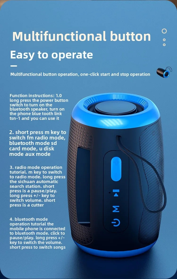 Portable Speaker Wireless Bluetooth Speakers with 5.3 Stereo FM/SD/USB Disk/Aux Modes Waterproof for Outdoor Hifi Sound TSN-1