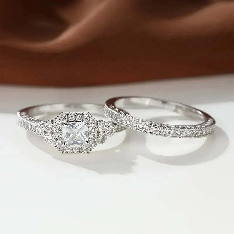 Huitan Vintage Black/White Cubic Zircon 2Pcs Set Rings for Women Anniversary Party Temperament Elegant Lady Accessories Jewelry