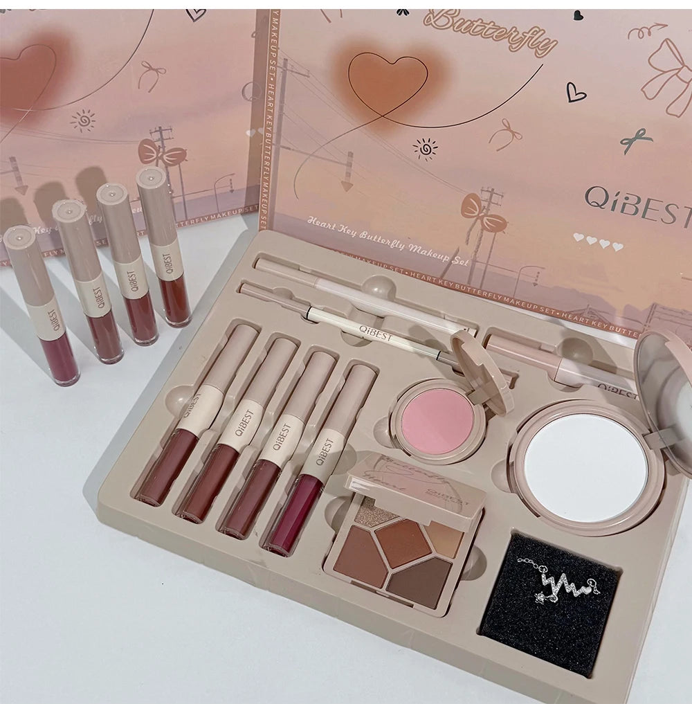 QIBEST Face Makeup Set 4pc Double End Lip Glaze, Pressed Powder,Blush,Eyeshadow, Eyebrow Pen,Eyeliner,Lip Oil Gift Cosmetics